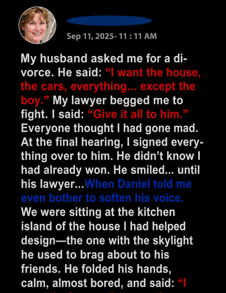 My husband asked me for a divorce. He said: “I want the house, the cars, everything… except the boy.” My lawyer begged me to fight. I said: “Give it all to him.” Everyone thought I had gone mad. At the final hearing, I signed everything over to him. He didn’t know I had already won. He smiled… until his lawyer…