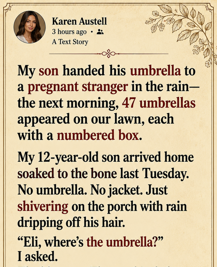 My Son Gave His Late Father’s Umbrella to a Crying Pregnant Stranger—The Next Morning 47 Appeared
